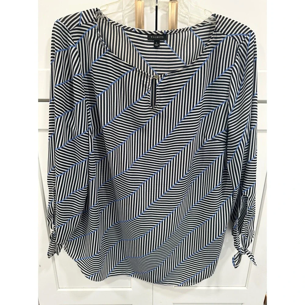 Talbots Womens Black White Blue Striped Keyhole Neck Long Sleeve Top Size L - Picture 1 of 6